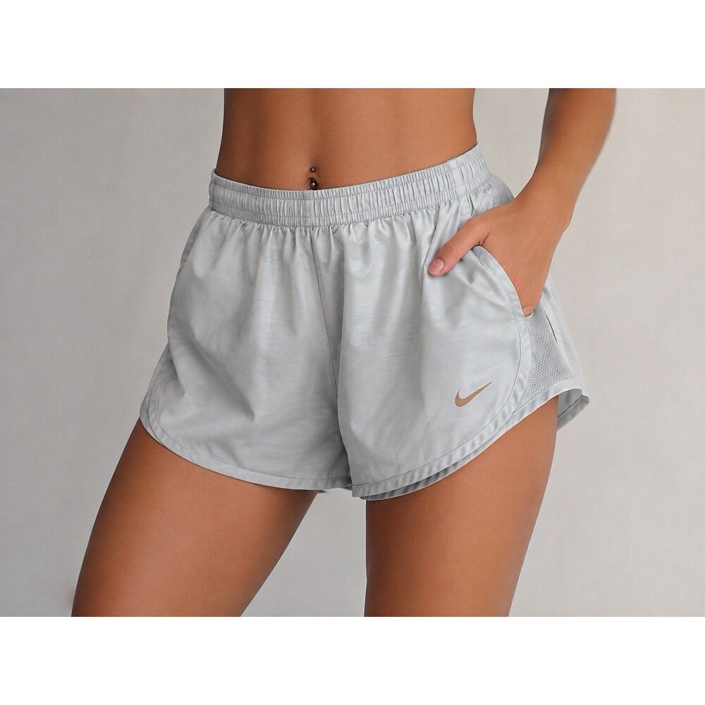 Nike Dri-FIT Women’s Running Shorts Size Small Light Gray Silver Zip Pocket Mesh